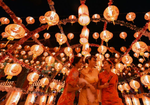 People visit lantern festival in Samut Prakan, Thailand