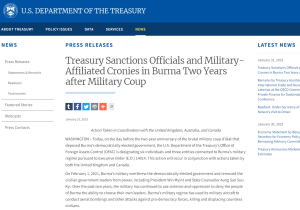 US sanctions Myanmar officials, military-run organizations Two Years after Military Coup