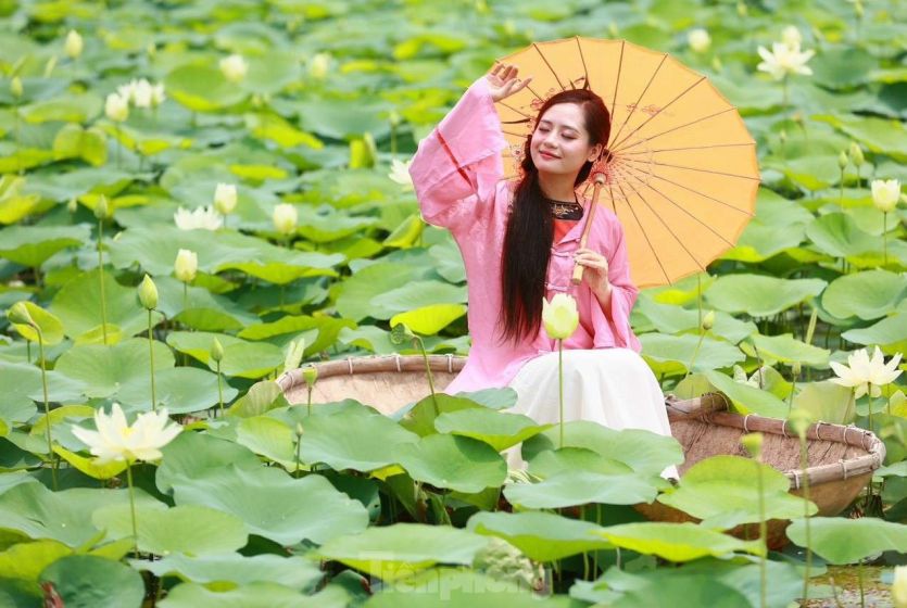 Vietnam's young people wearing Ao Dai take photos next to white lotus flowers
