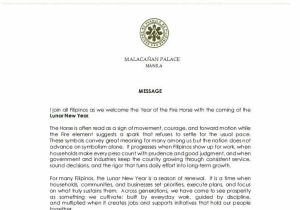 PH  President urges Filipinos to harness Fire Horse energy as the nation welcomes Lunar New Year