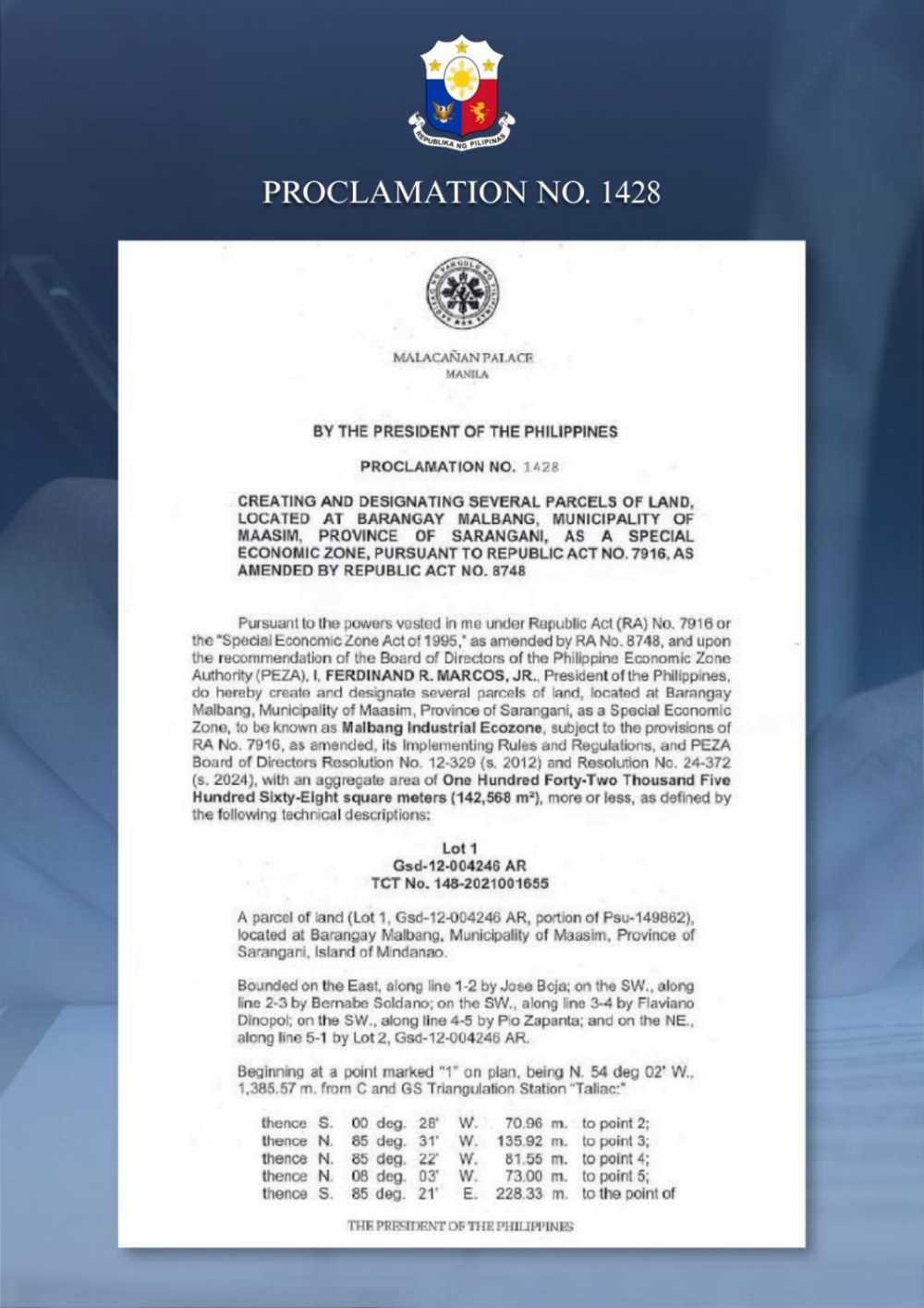 PH President issues proclamation creating and designating parcels of land as Special Economic Zone in Sarangani province