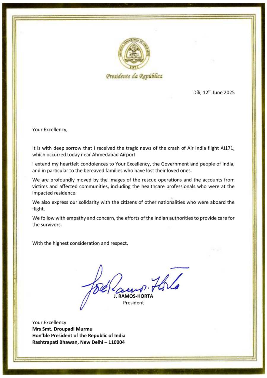 Timor-Leste President Extends Condolences Following Air India Flight AI171 Tragedy